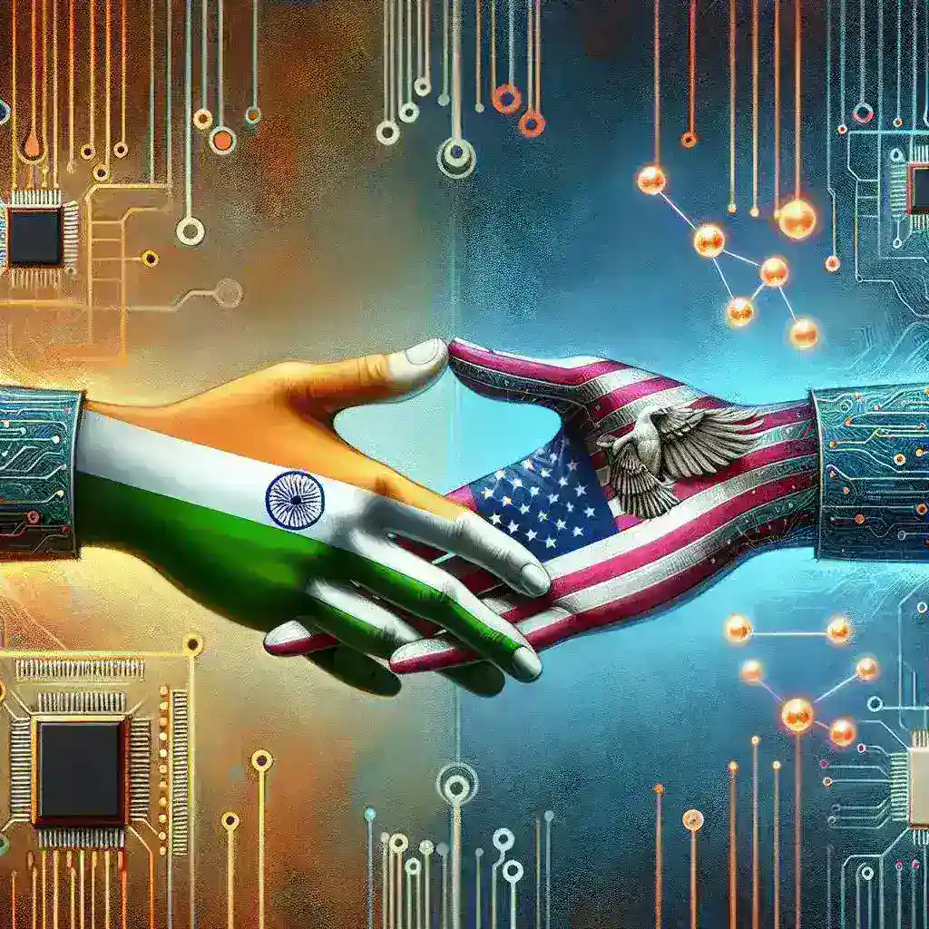 "Collage of AI, semiconductors, and quantum technology symbols representing India-US strategic partnership in technology innovation."