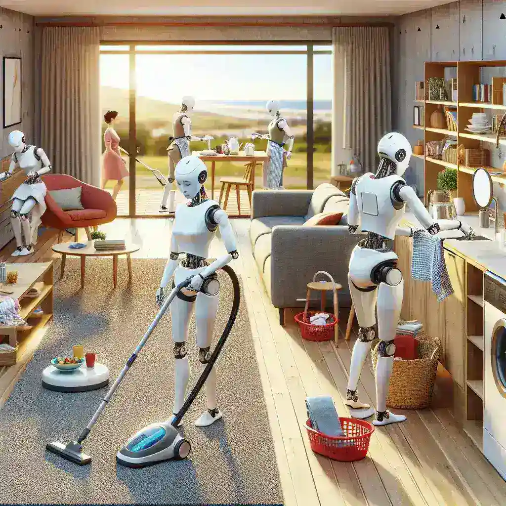 "Humanoid robot assisting with household chores in a modern home environment, illustrating tech executives' predictions for the future of automated domestic tasks."